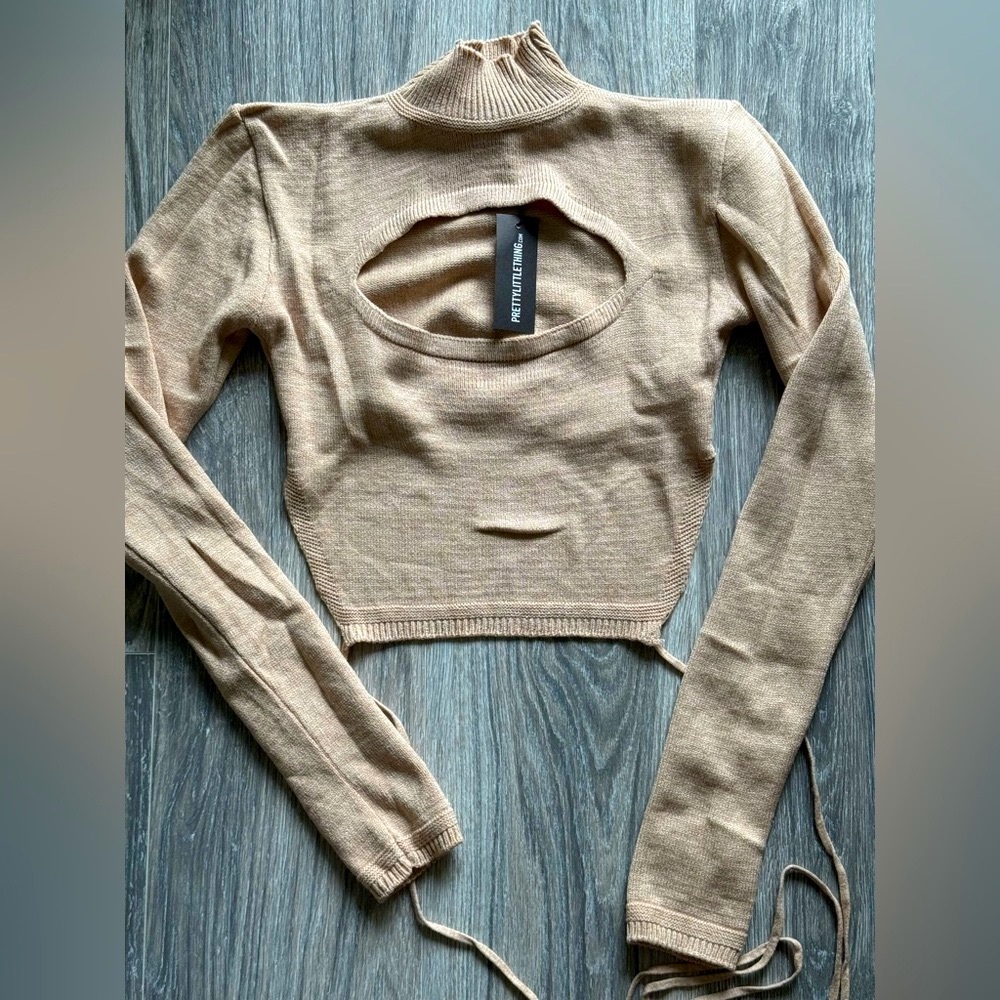 PrettyLittleThing Beige Ribbed Knit Sweater